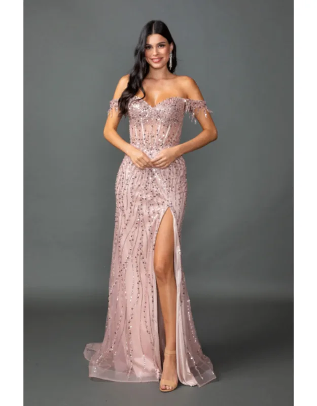 Beaded Off-the-shoulder Mermaid Gown With Sheer Bodice And Sequin Detailing