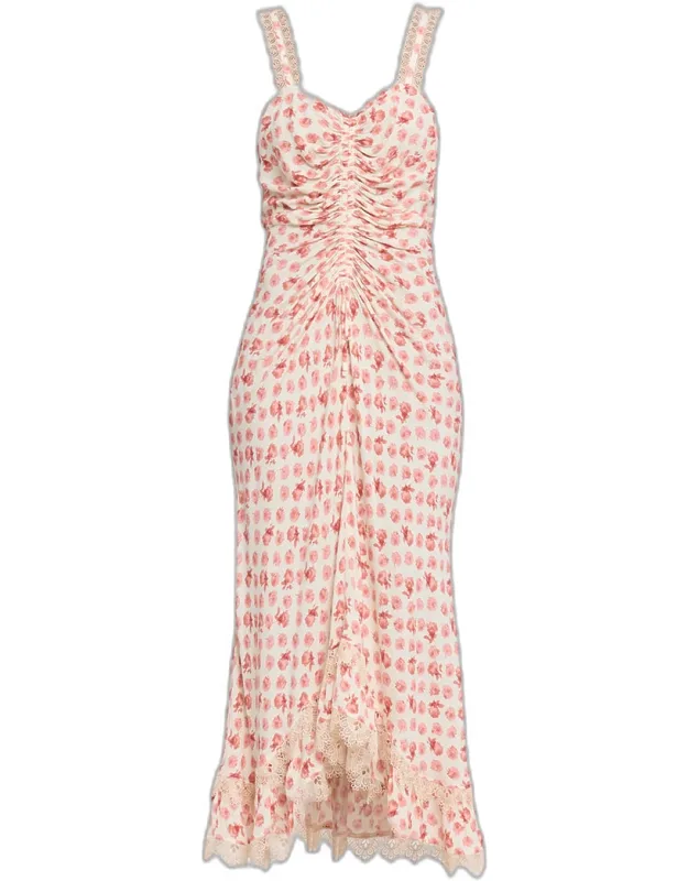 Ikat Roses Lace-trim Midi Dress