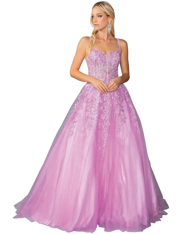 Floral Applique Ballgown With Tulle Skirt And Lace-up Back Detail