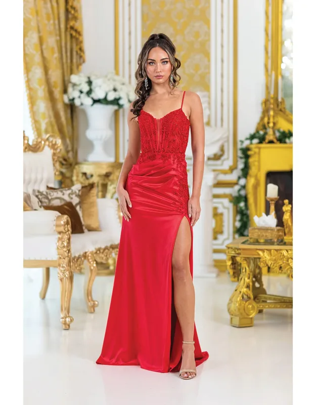 Sheer Corset Prom Dress With Beaded Embellishments, High Slit, And Draped Skirt