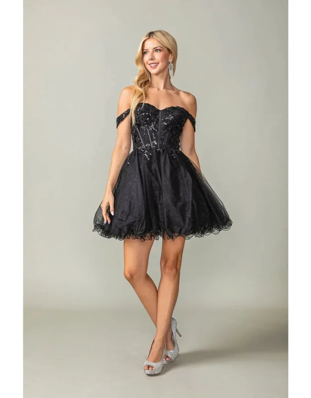 Beaded Lace Applique Bodice Dress With Sheer Off-the-shoulder Sleeves And Tulle Skirt