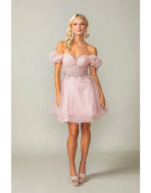 Puff Sleeve Short Tulle Dress With Embroidered Bodice And Scalloped Hem