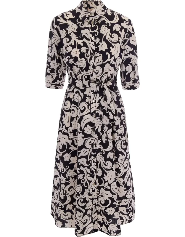 Floral Midi Dress With Classic Collar And Waist Belt