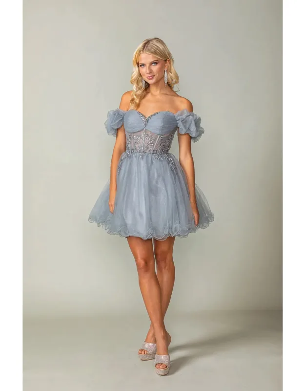 Puff Sleeve Tulle Dress With Embroidered Bodice And Scalloped Hem