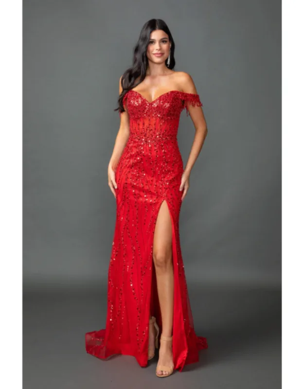 Beaded Off-the-shoulder Mermaid Gown With Sheer Bodice And Sequin Detailing