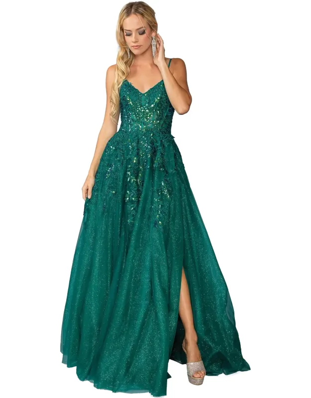 Sequined A-line Gown With Sheer Overlay And V-neck Design