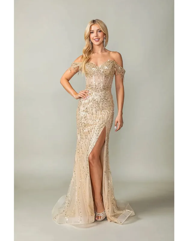 Beaded Off-the-shoulder Mermaid Gown With Sheer Bodice And Sequin Detailing