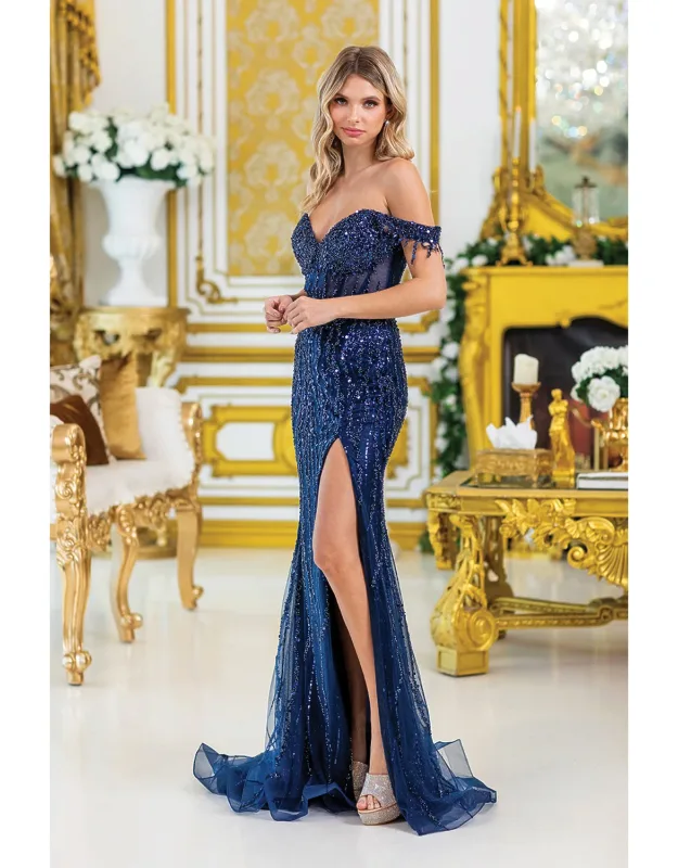 Beaded Off-the-shoulder Mermaid Gown With Sheer Bodice And Sequin Detailing