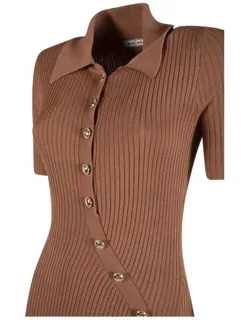Elegant Rib Knit Long Dress With Classic Collar