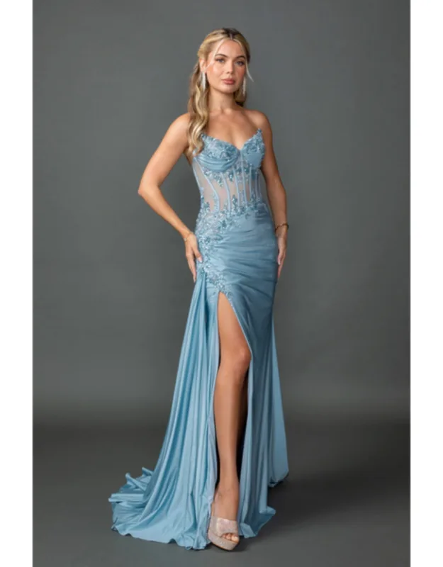 Embellished Sheer Corset Prom Dress With Ruched Detailing And High Leg Slit