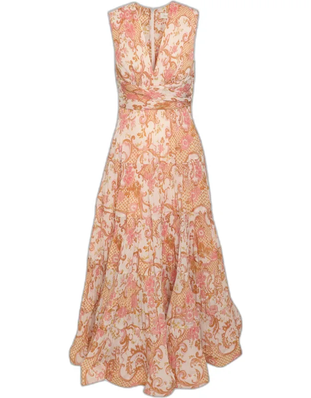 Floral Print Postcard Pleated Organza Midi Dress