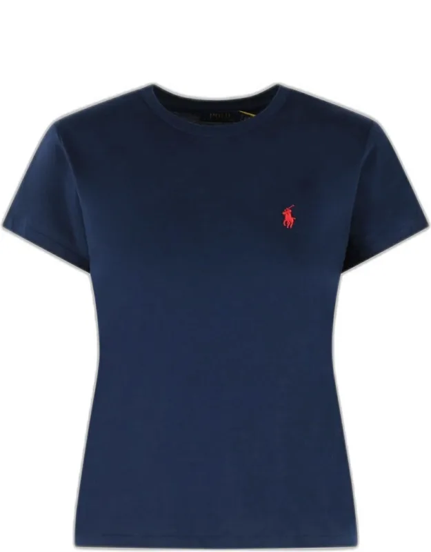 T-shirt With Ribbed Crew Neck And Contrast Red Logo Embroidery