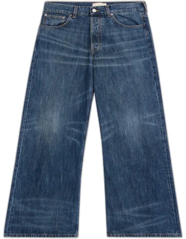 Whiskered Dark Blue Denim Wide-leg Jeans