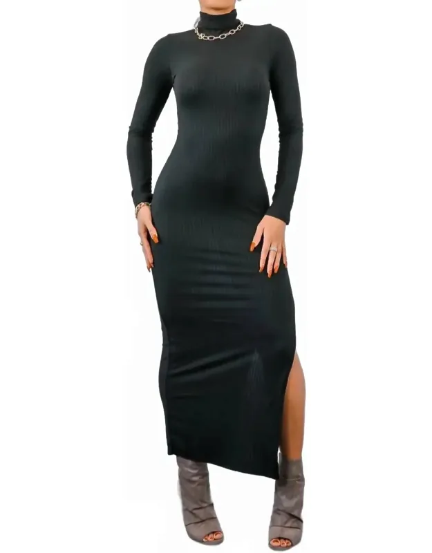 Turtleneck Maxi Rib Dress With Side Slit