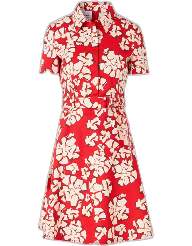 Papercut Flower Print Denim Belted Shirtdress