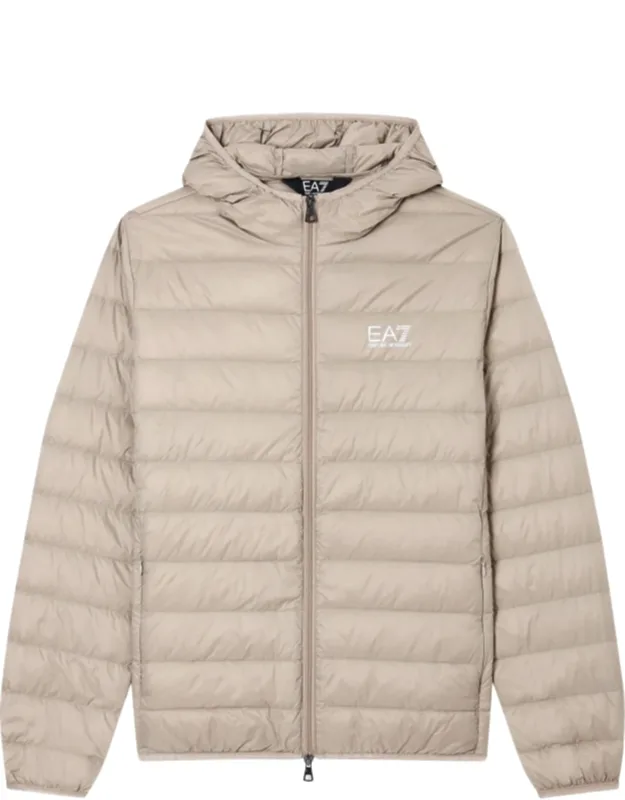 Packable Down-filled Jacket With Horizontal Quilting And Stand-up Collar