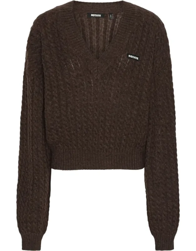 Cropped Cable-knit Sweater With Deep V-neck And Ribbed Edges