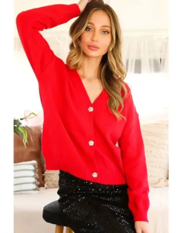 V-neck Jeweled Button Accent Cardigan