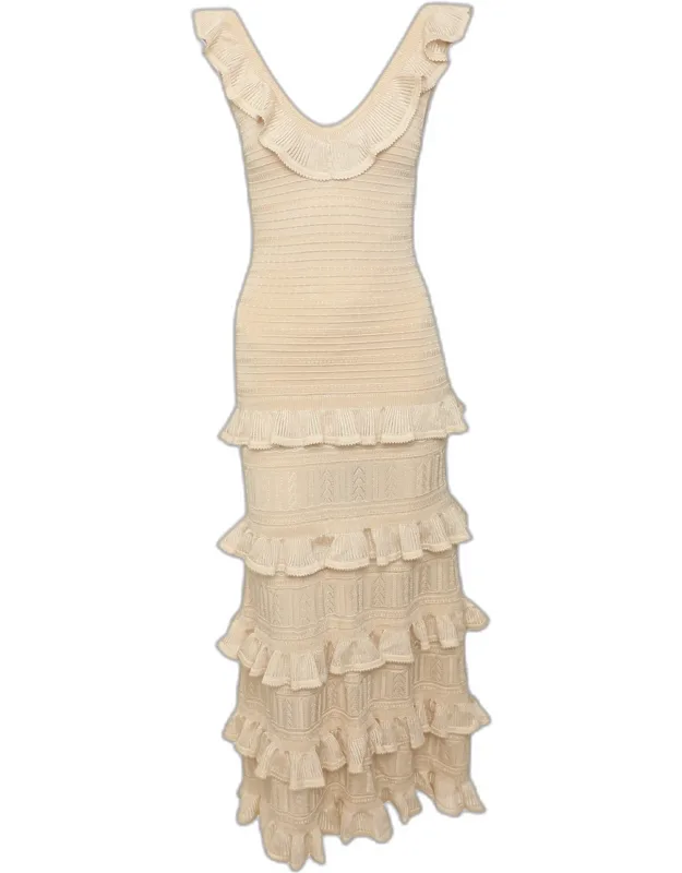 Champagne Stretch Knit Ruffle Tank Dress