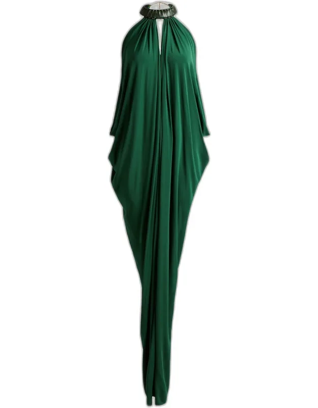 Draped Leather-trim Halter Maxi Dress