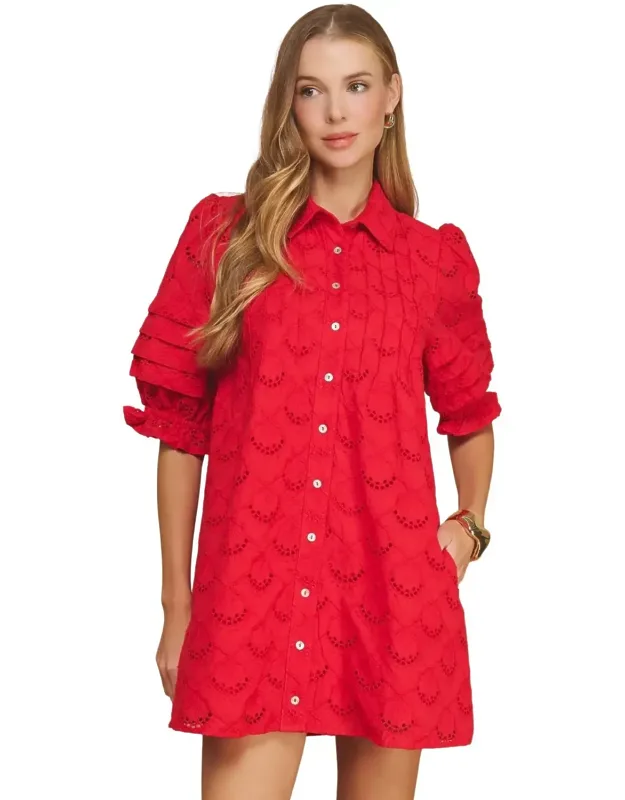 Pintuck Scalloped Eyelet Puff Sleeve Mini Shirt Dress
