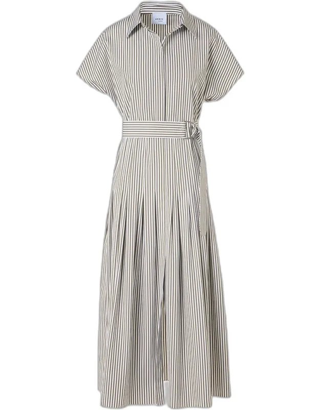 Cap-sleeve Belted Cotton Poplin Pleated Midi Shirtdress