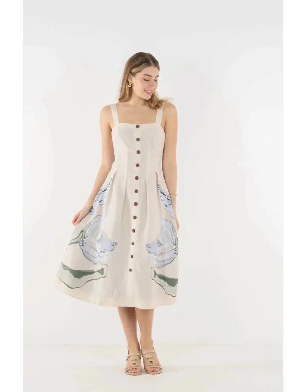 Constance Midi Dress In Fields - Adjustable Shoulder Straps, A-line Silhouette