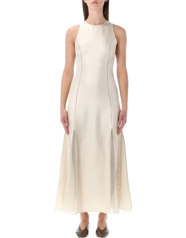 Iraka Silk Twill Midi Dress With Sheer Tulle Inserts