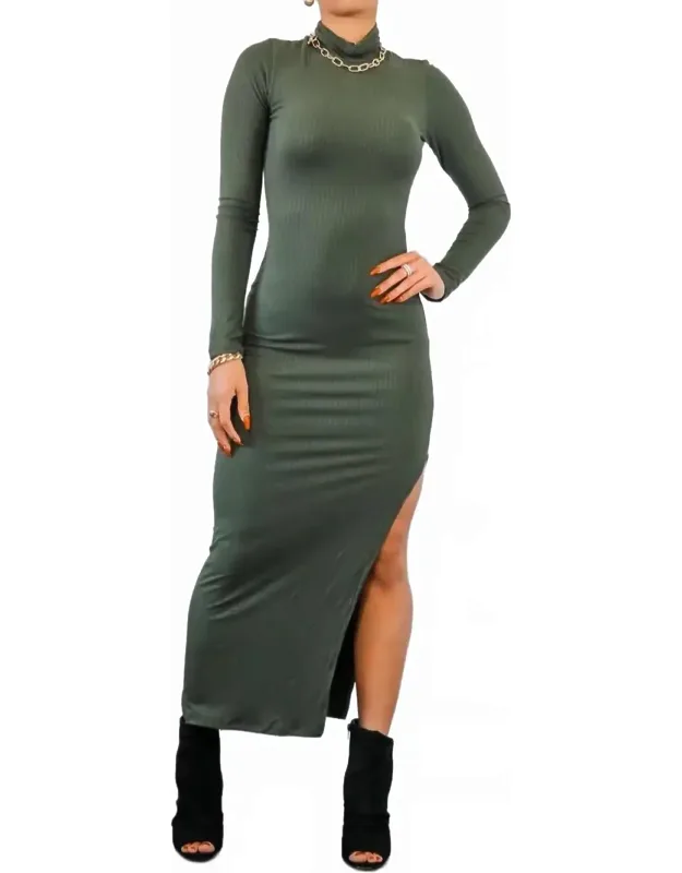 Turtleneck Maxi Rib Dress With Side Slit