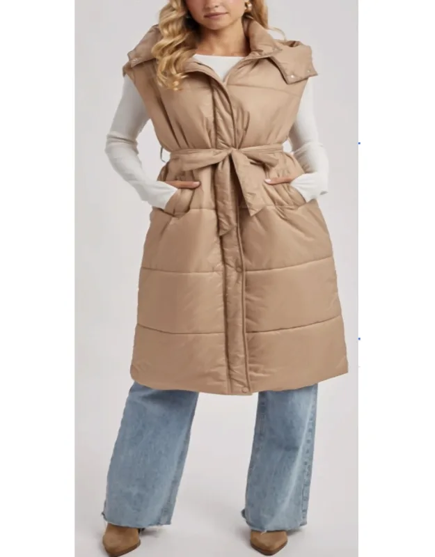 Long Line Belt Puffer Hooded Vest
