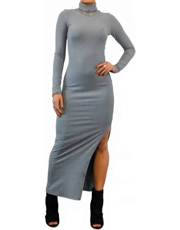 Turtleneck Maxi Rib Dress With Side Slit