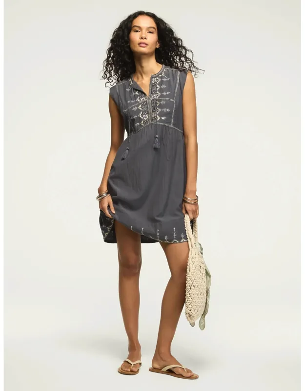 Embroidered Yoke Notch Neck Mini Dress