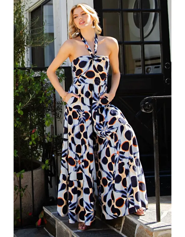 Tied Halter Neck Jumpsuit In Abstract Indigo
