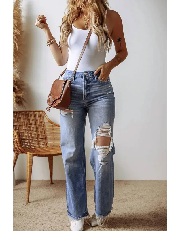 Distressed Raw Hem Straight Leg High Waist Jeans