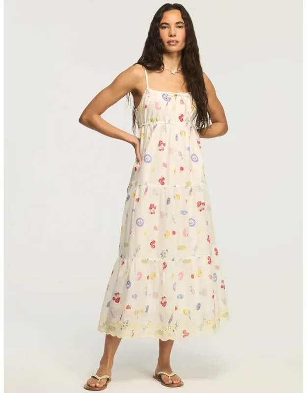 Printed Eyelet Tiered Midi Dress
