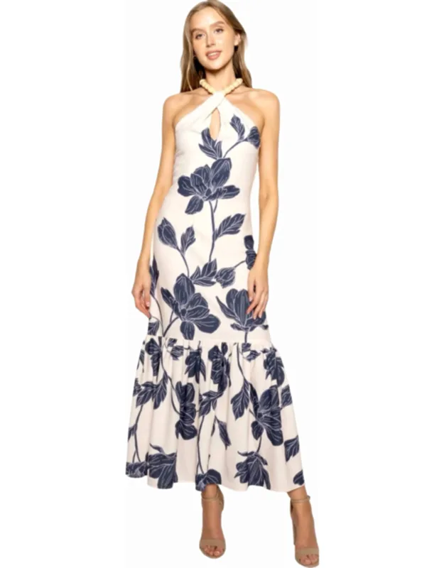Floral Bead Halter Maxi Dress