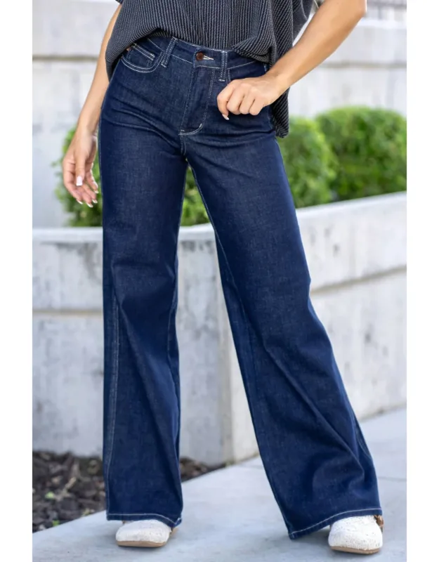 High Waist Tummy Control Retro Wide Leg Dark Denim Jeans