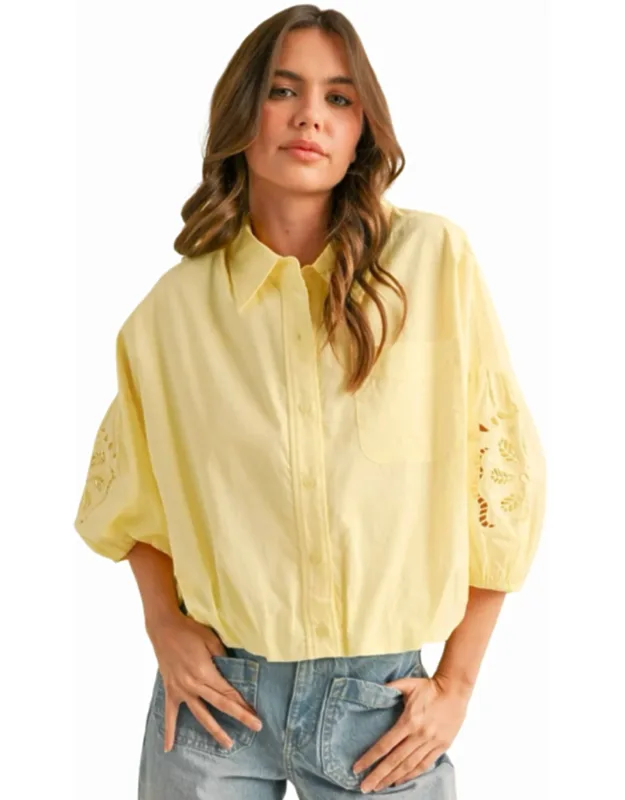 Cut Out Embroidered Bubble Sleeve Top