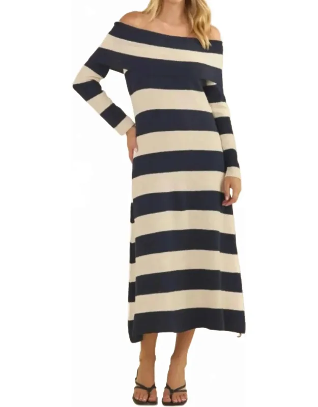 Textured Knit Off-shoulder Wide Stripe Long Dress