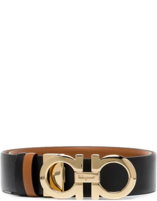 Black Gancini Buckle Reversible Leather Belt, Polished Gold-tone Buckle, Premium Calf Leather