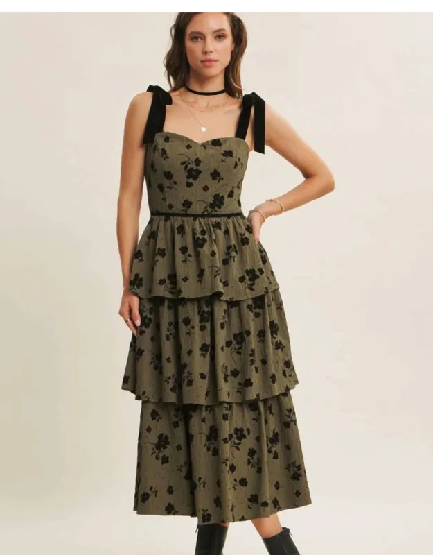 Velvet Flower Tiered Midi Dress