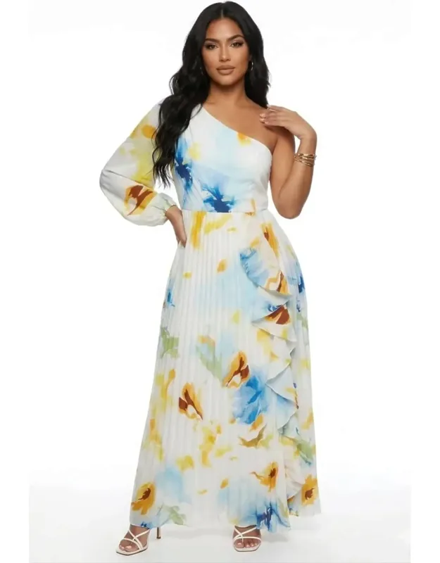 One-shoulder Pleated Floral Maxi Dress