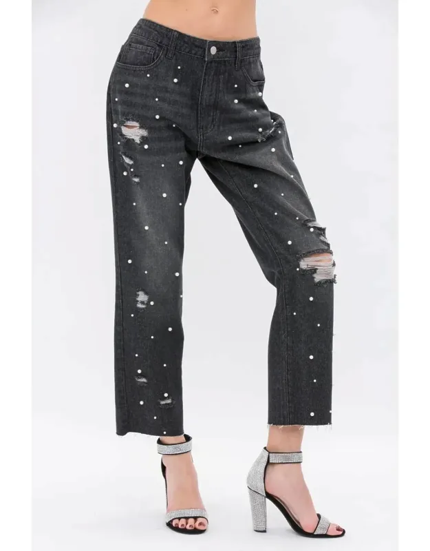 Pearl Embellished Ripped Denim Jeans