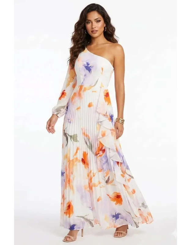 One-shoulder Pleated Floral Maxi Dress
