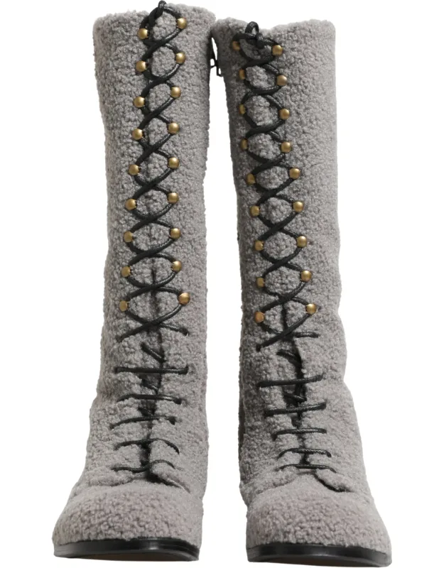 Shearling Lace Up Knee High Boots