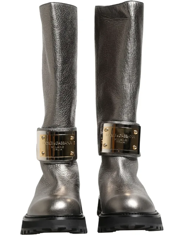 Metallic Silver Leather Mid Calf Boots