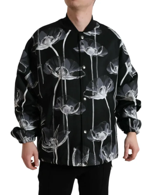 Floral Print Wool Button Down Bomber Jacket