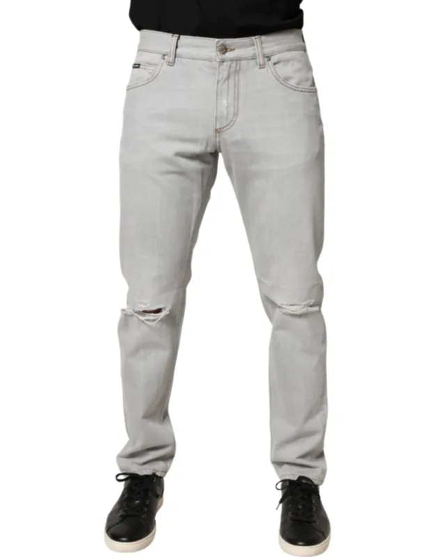 Light Gray Ripped Cotton Regular Denim Jeans
