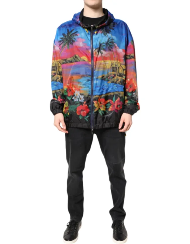 Multicolor Print Hooded Windbreaker Jacket