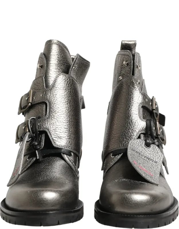 Metallic Silver Leather Buckle Ankle Boots